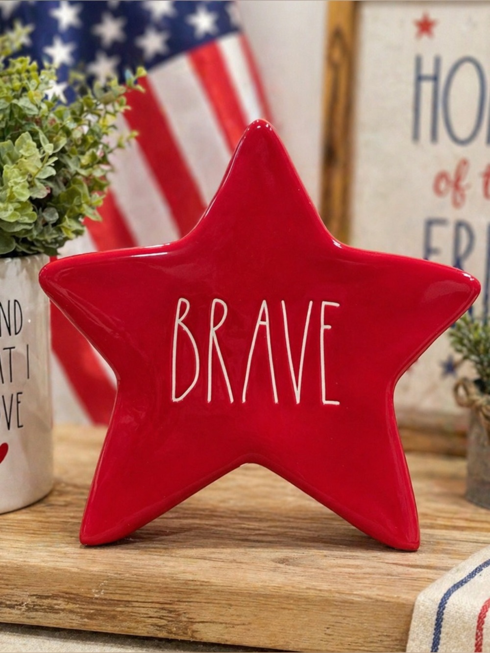 Rae Dunn BRAVE Red Ceramic Star Patriotic Farmhouse Decor NEW